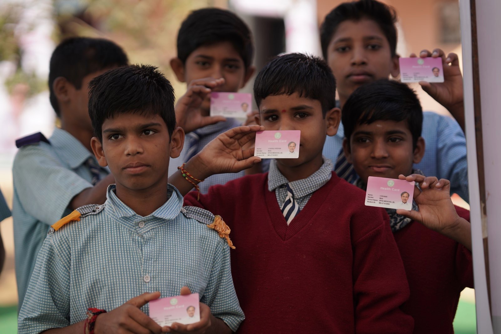 Five students from ZPHS Medchal holding their actual deployed Vera Health Cards