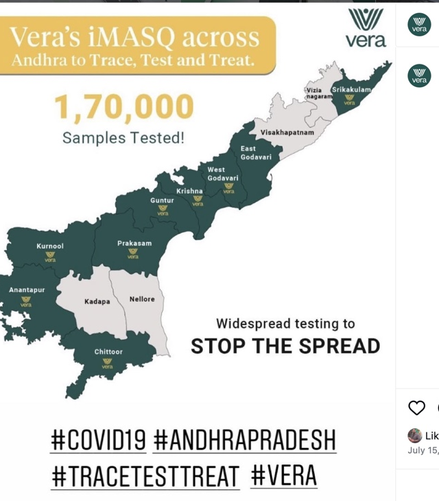 Vera's iMASQ across Andhra to Trace, Test and Treat · 1,70,000 samples by 15 Jul 2020 · district-shaded AP map
