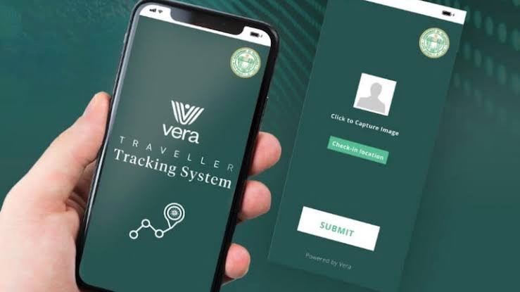 Vera Traveller Tracking System app on phone · Govt of Telangana seal · check-in flow