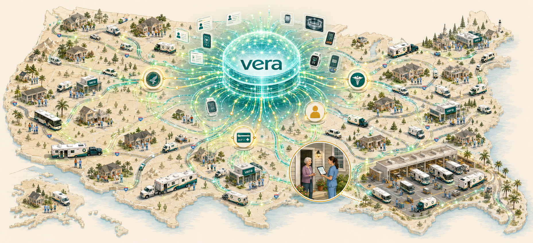 Vera Healthcare USA national-scale AI empowerment vision &mdash; USA map with central Vera AI intelligence hub, regional dispatch stations, mobile fleet, senior communities, Assembly Studio in Florida, payer chain integrated, human story anchor at a senior&rsquo;s doorstep