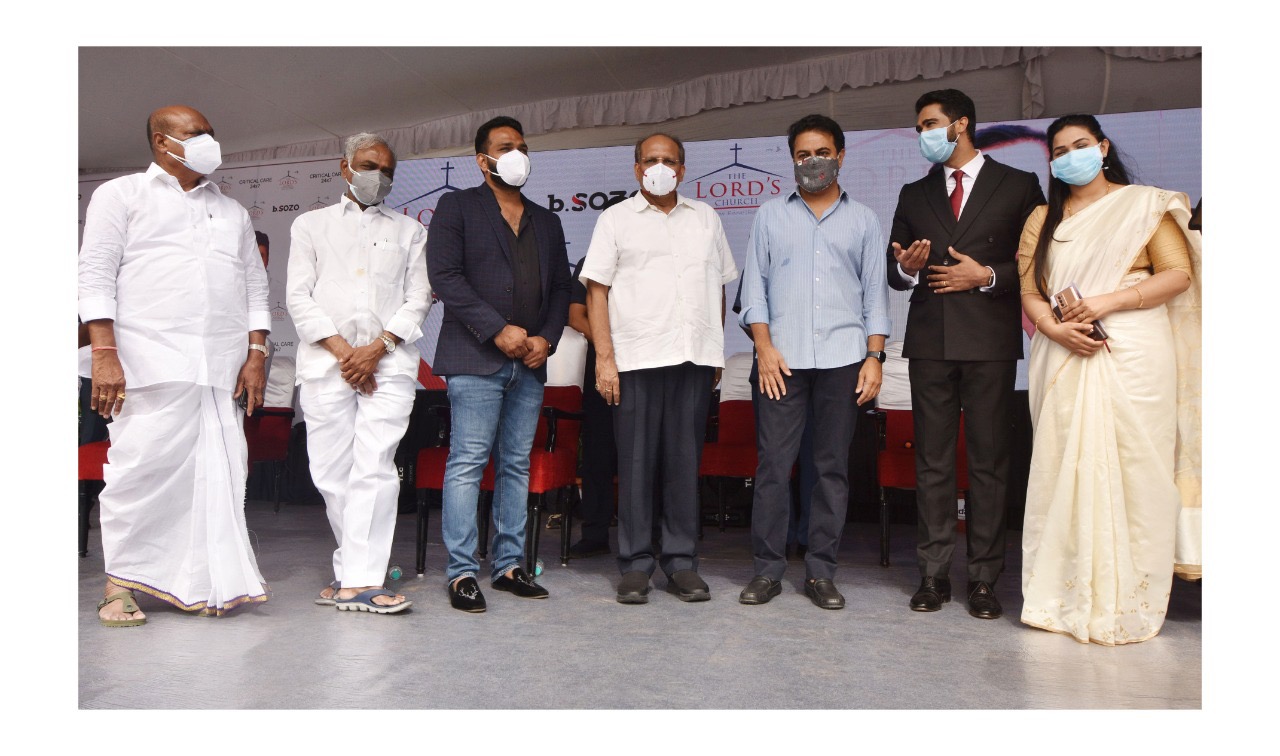 b.SOZO Lord's Church launch ceremony group photo · K. T. Rama Rao (KTR), Telangana Minister, with senior pastor and community leaders all masked