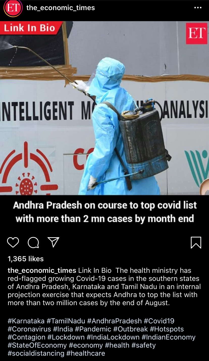 Economic Times Instagram post on Andhra Pradesh covid case load · centred image of yellow PPE worker sanitising Vera iMASQ bus · INTELLIGENT MONITORING ANALYSIS Vera logos visible · national social media coverage