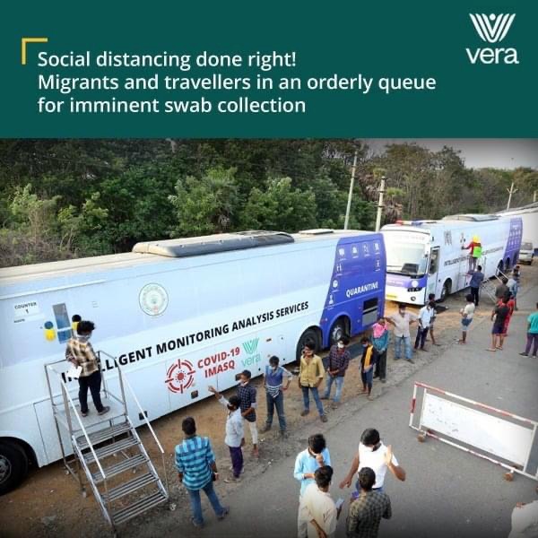 Fleet of iMASQ buses lined up with social-distanced queue of citizens · INTELLIGENT MONITORING ANALYSIS SERVICES · Govt of AP seal · QUARANTINE wing · orderly queue marked on ground