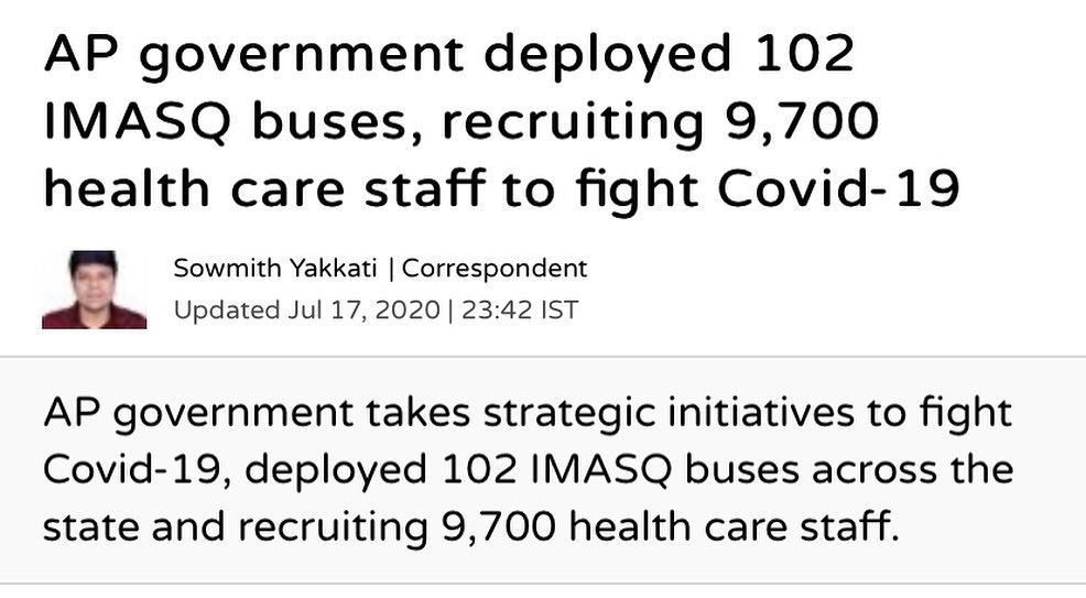 Hans India newspaper headline · AP government deployed 102 IMASQ buses, recruiting 9,700 health care staff to fight Covid-19 · 17 July 2020
