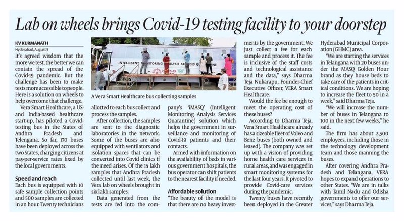 Hans India · Lab on wheels brings Covid-19 testing facility to your doorstep · full article quoting Dharma Teja Nukarapu, Founder-CEO Vera Smart Healthcare · 170 buses · 6 lakh samples · 500 samples per hour · plans for Tamil Nadu and Odisha