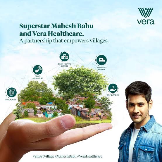 Official campaign image · Superstar Mahesh Babu and Vera Healthcare · A partnership that empowers villages · with the village ecosystem held in a hand · five connected services labelled · Mahesh Babu portrait · Vera logo top right