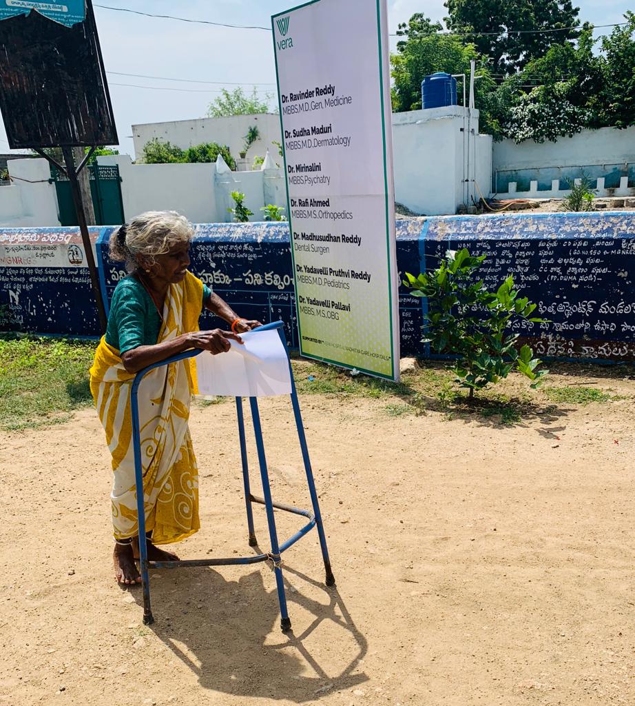 FREE SERVICES board at the Nalgonda camp — free general medicines, blood testing, ECG scan, ultrasound, blood pressure check-up